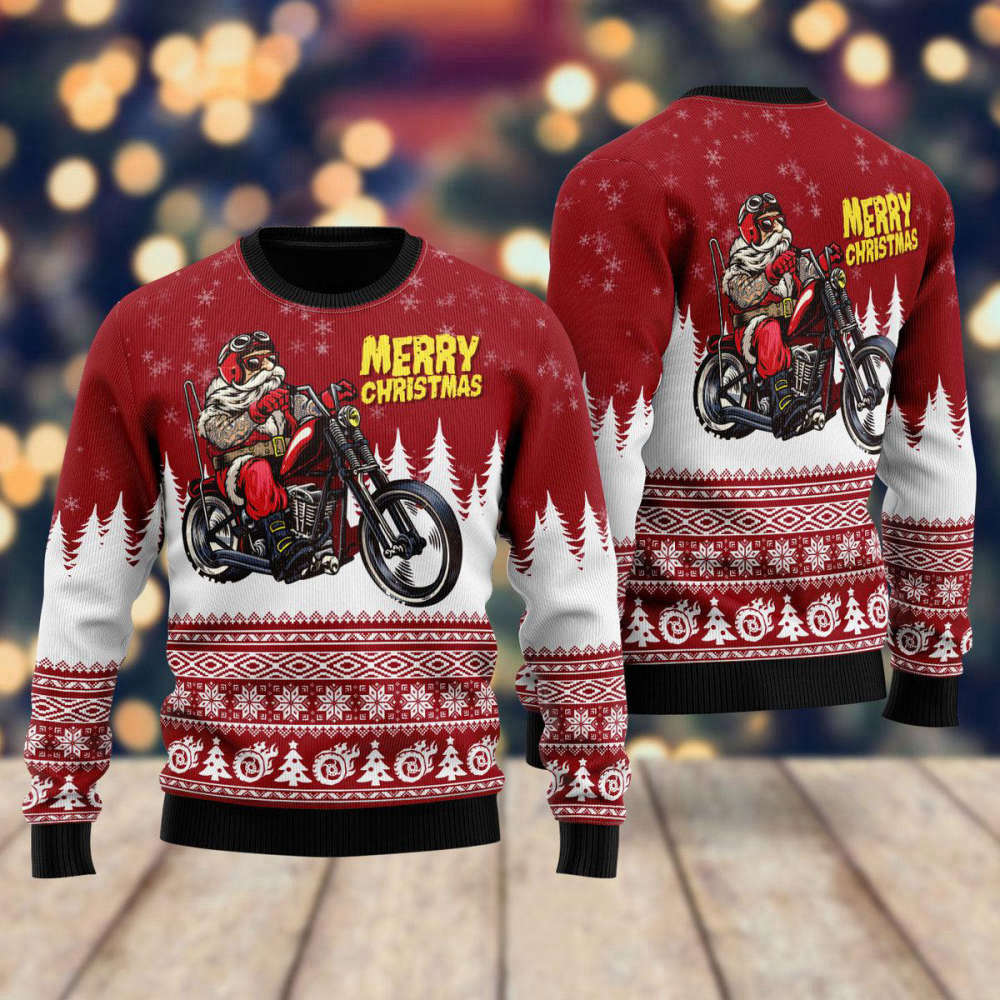 Santa Riding Motorbike Ugly Christmas Sweater – Festive Holiday UH1515: Men & Women