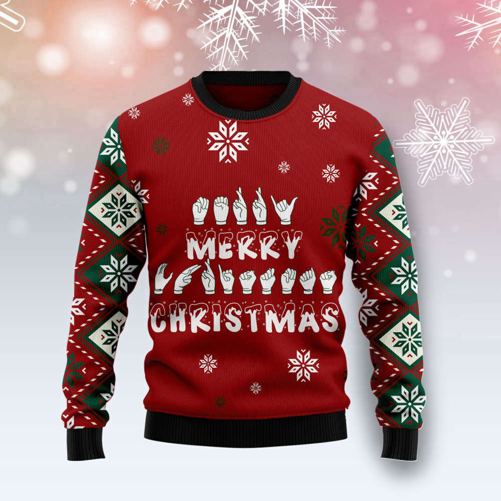 Stand Out this Season with Sign Language Merry Christmas Ugly Sweater – Adults US4196