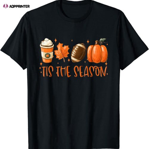 Tis The Season Pumpkin Leaf Latte Fall Thanksgiving Football T-Shirt