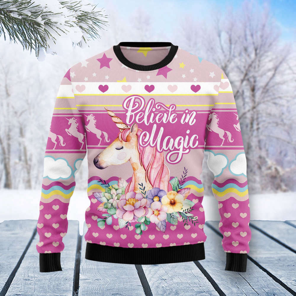 Unicorn Believe In Magic Ugly Christmas Sweater – Men & Women Adult US4400