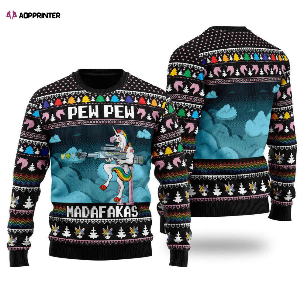 Unicorn Pew Pew Ugly Christmas Sweater for Men & Women – Festive and Fun Holiday Attire