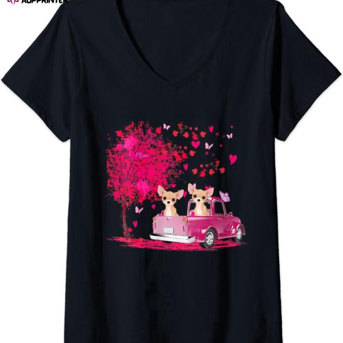 Womens Chihuahua Couple Truck Happy Valentine’s day Gifts V-Neck T-Shirt