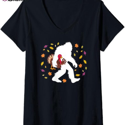 Womens Fun Bigfoot Thanksgiving Turkey Fall Sasquatch V-Neck T-Shirt