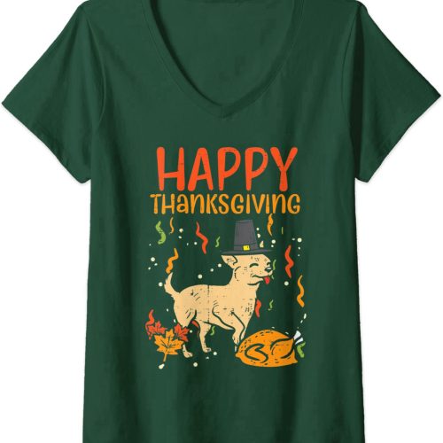 Womens Happy Thanksgiving Chihuahua Turkey Chiwawa Dog Fall Autumn V-Neck T-Shirt