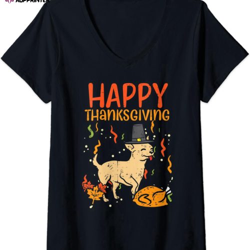 Womens Happy Thanksgiving Chihuahua Turkey Chiwawa Dog Fall Autumn V-Neck T-Shirt