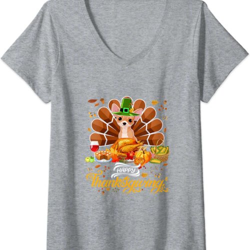 Womens Happy Thanksgiving Chihuahua Turkey Thanksgiving Costume V-Neck T-Shirt