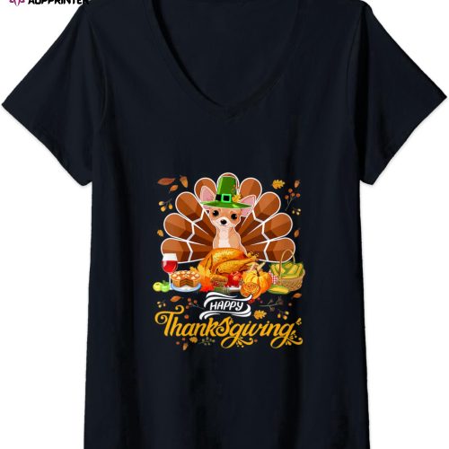 Womens Happy Thanksgiving Chihuahua Turkey Thanksgiving Costume V-Neck T-Shirt