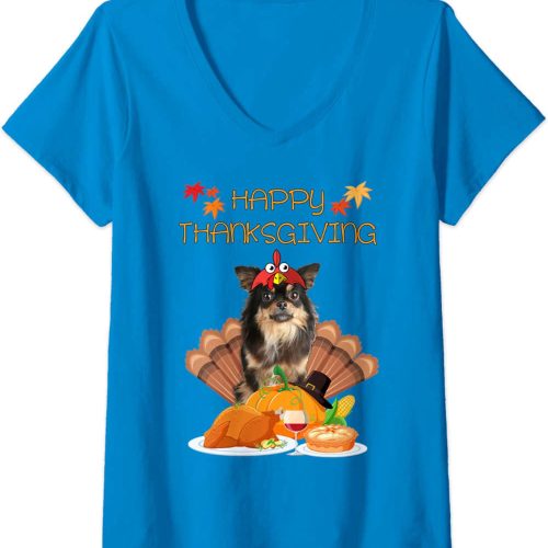 Womens Happy Thanksgiving Day Chihuahua Gifts Dog Funny Turkey V-Neck T-Shirt