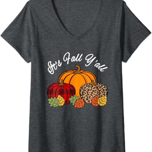 Womens Its Fall Yall Pumpkin Leopard Print Autumn Thanksgiving V-Neck T-Shirt