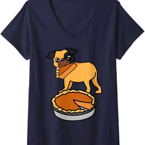 Womens Pug Puppy Dog Pumpkin Pie Thanksgiving Day V-Neck T-Shirt