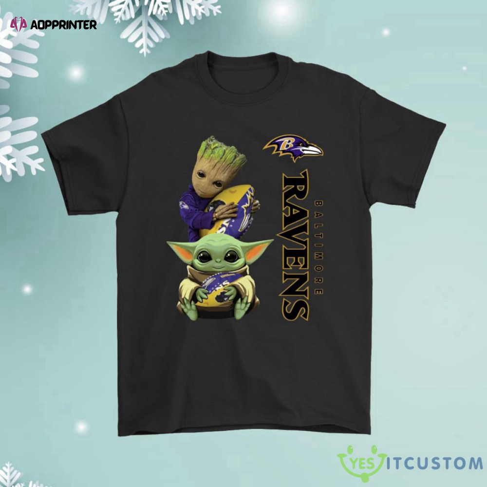 Baby Yoda And Groot Hug Baltimore Ravens Shirt