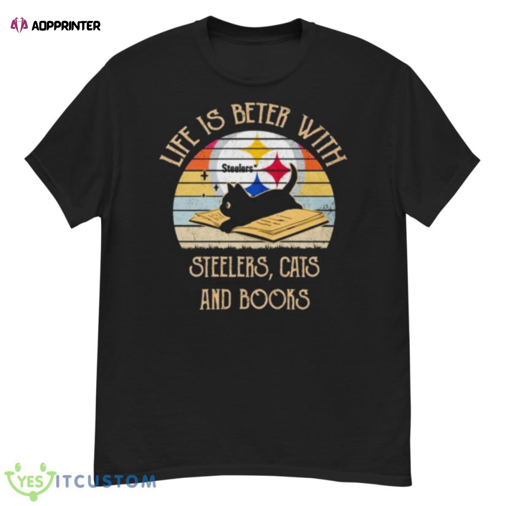 Life Is Better With Pittsburgh Steelers Cats And Books Vintage Shirt