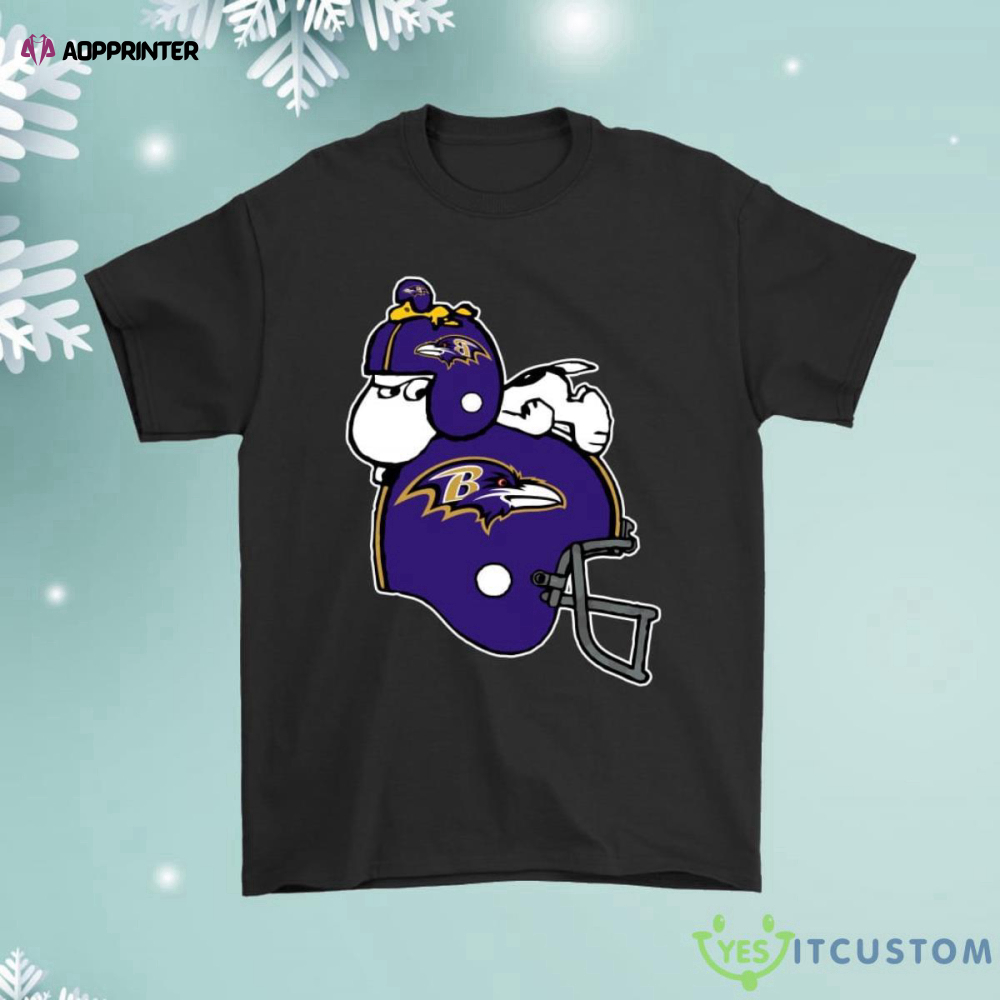 Snoopy And Woodstock Resting On Baltimore Ravens Helmet Shirt