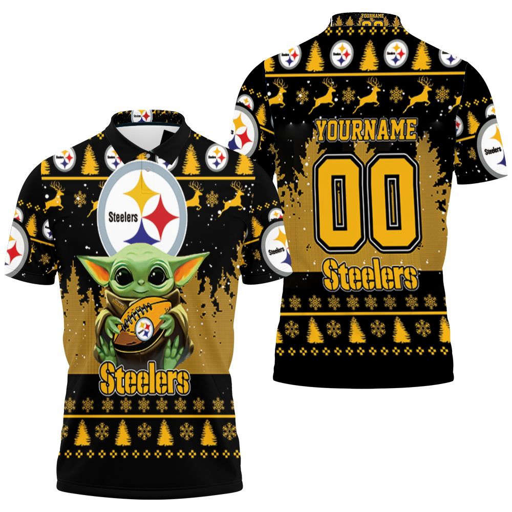 Baby Yoda Hugs Pittsburgh Steelers Ugly Sweater 3D Personalized Polo Shirt