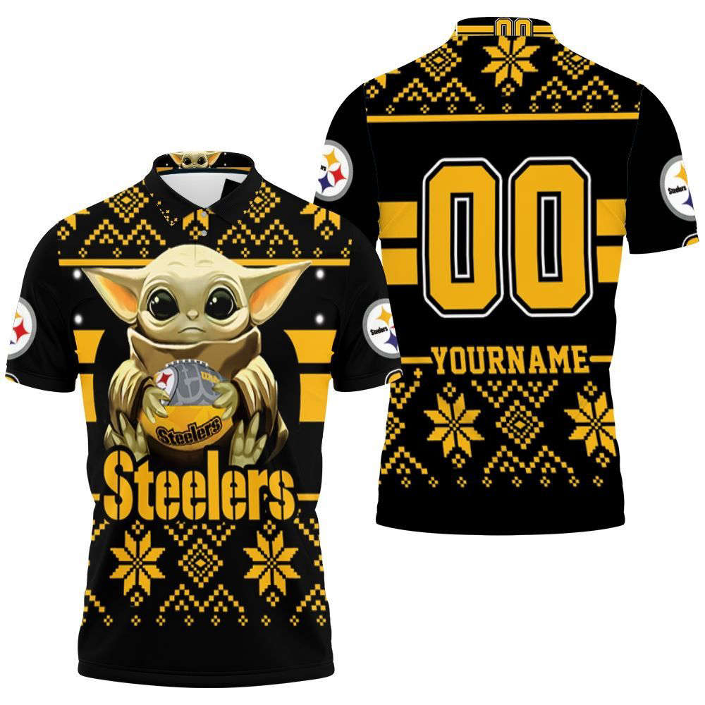 Baby Yoda Hugs Pittsburgh Steelers Ugly Sweater 3D 1 Personalized Polo Shirt All-Over Print