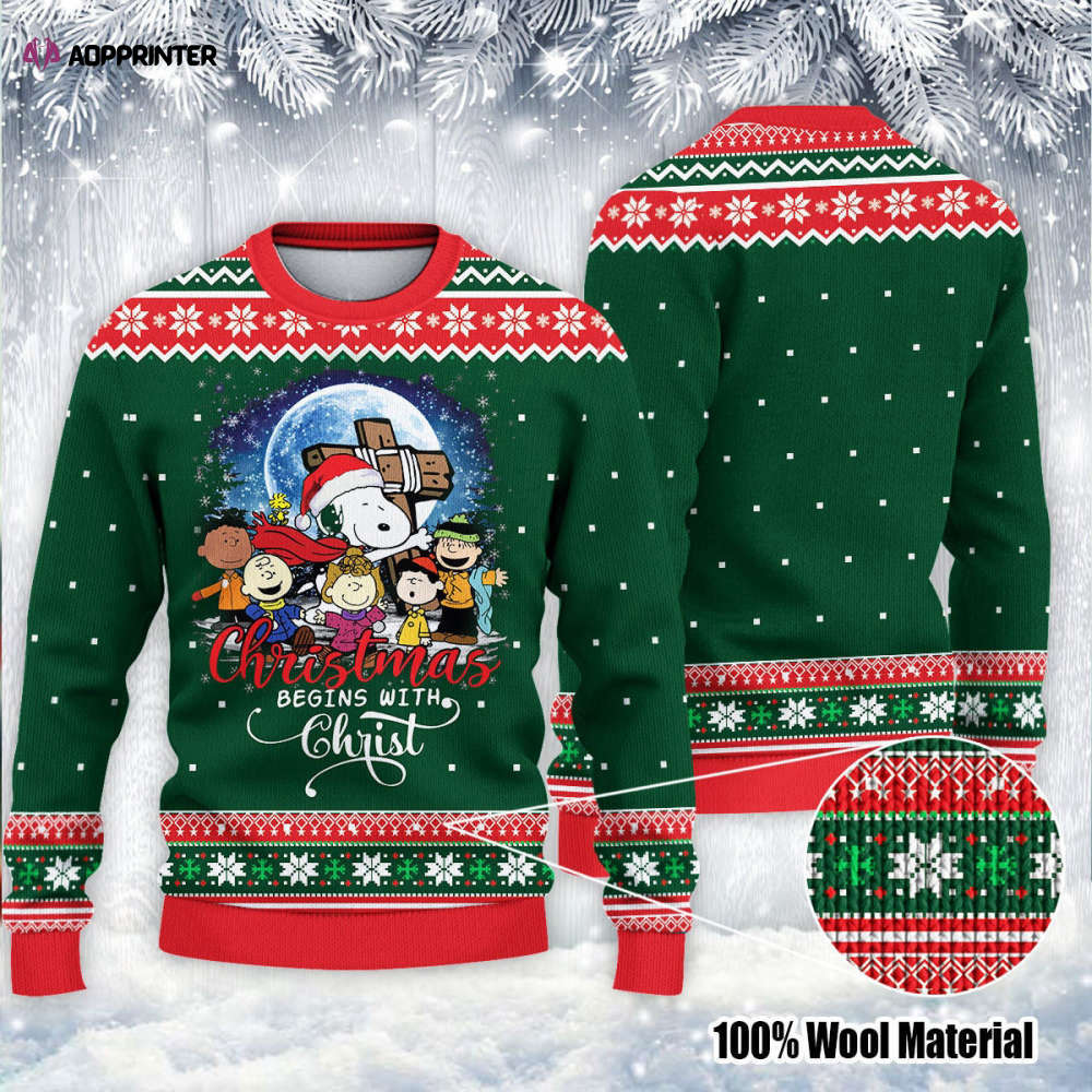 Christmas Begins With Christ Snoopy Ugly Knitted Christmas Sweatshirt, Snoopy Xmas Sweater, Christmas Sweater, Ugly Christmas Sweater