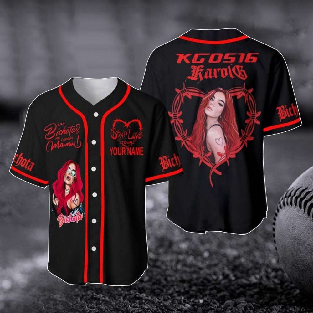 Customized Karol G Red Hair Baseball Jersey – Strip Love Tour Shirt Music Baseball Shirt – Gift For Fan