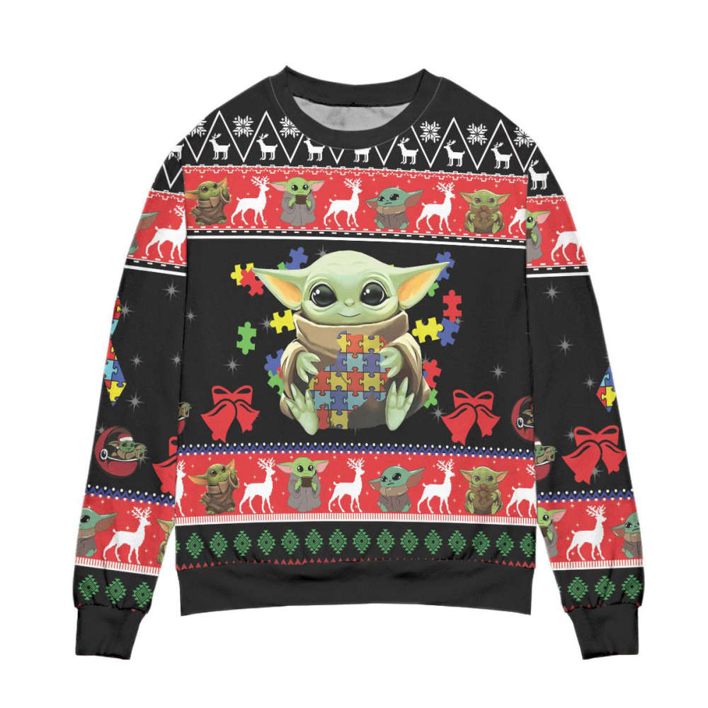 Cute Baby Yoda Playing Puzzles Star Wars Ugly Christmas Sweater – All Over Print 3D Sweater – Black Red