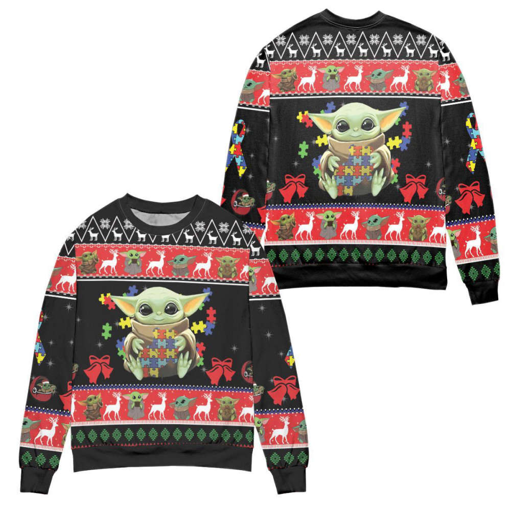 Cute Baby Yoda Playing Puzzles Star Wars Ugly Christmas Sweater – All Over Print 3D Sweater – Black Red