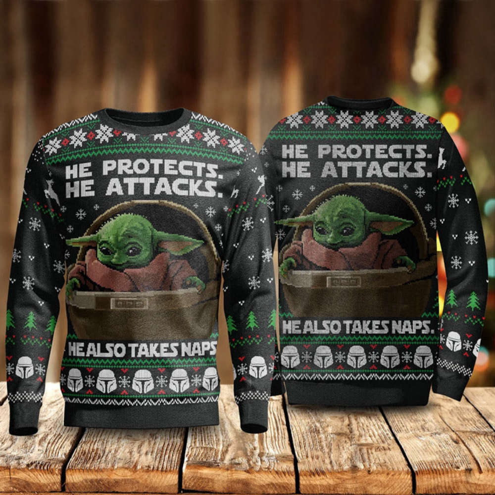 He Protects He Also Take Naps Yoda Ugly Christmas Sweater