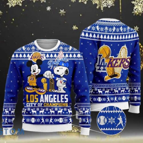Mlb Los Angeles Dodgers Mickey And Snoopy All Over Print Ugly Sweater