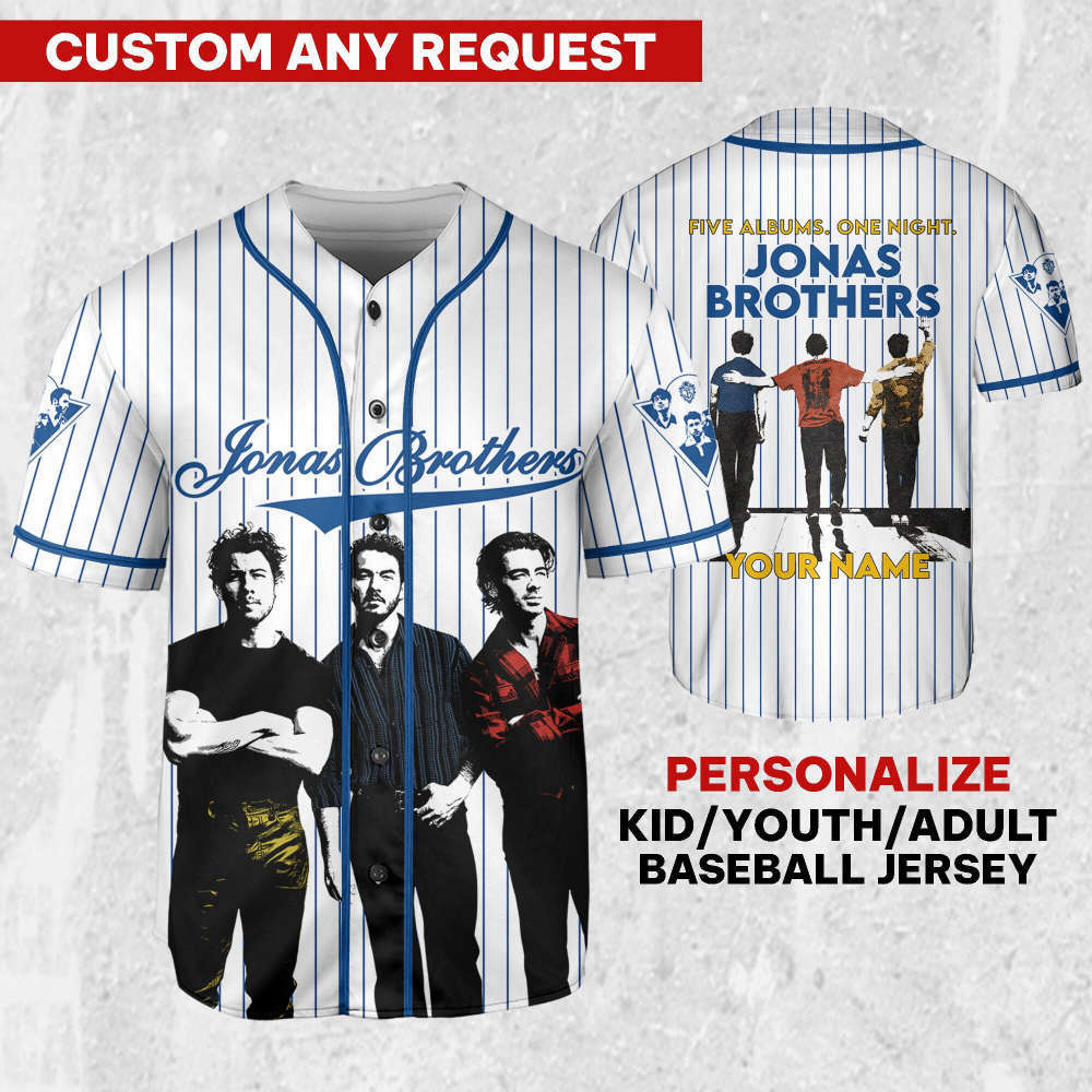Personalize Jonas Brothers Five Albums One Night Color Blue Jersey, Jonas Brothers Baseball Jersey, Custom Baseball Jersey, Music Concert