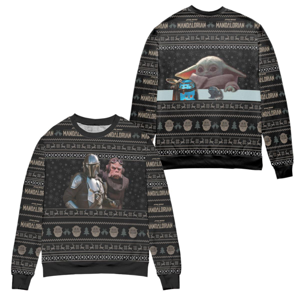 Star Wars Mandalorian & Baby Yoda Snowflake Pattern Ugly Christmas Sweater – All Over Print 3D Sweater – Black