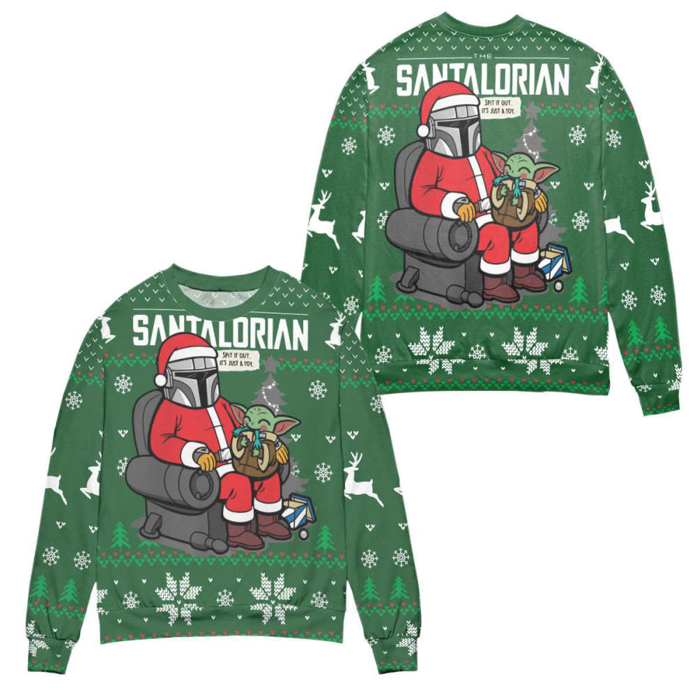 Star Wars Santalorian & Baby Yoda Snowflake Ugly Christmas Sweater – All Over Print 3D Sweater – Green