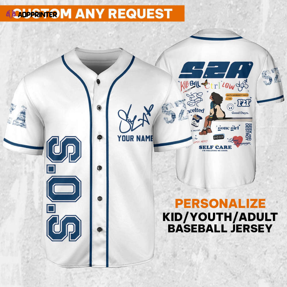 SZA SOS White and Blue Jersey: Personalized Baseball Merch for Sos Tour 2023