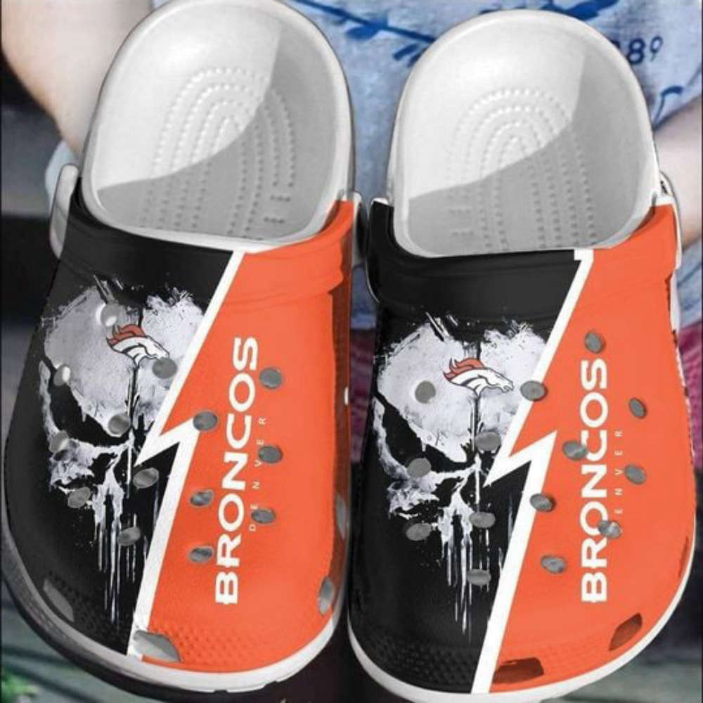 Skull Broncos Denver Crocs Classic Clogs Shoes In Orange Black For Men Women And Kid