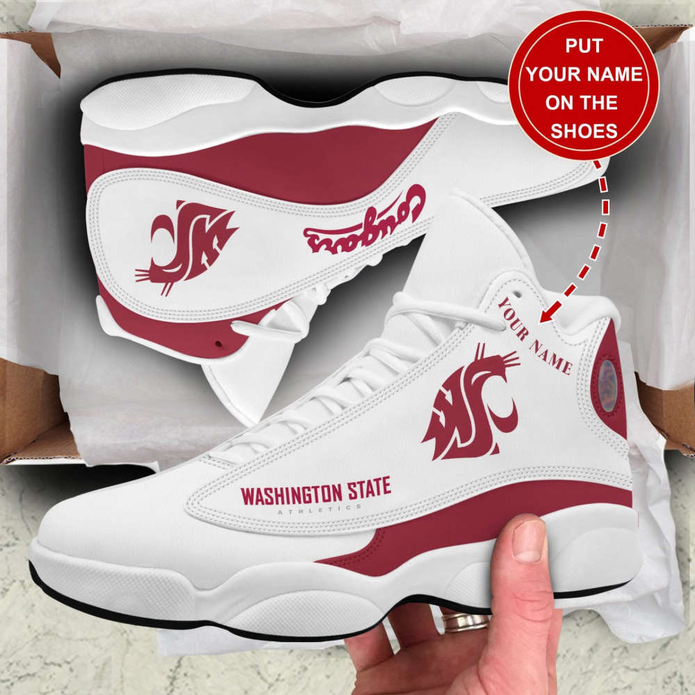 NCAA Washington State Cougars Custom Name White Red Air Jordan 13 Shoes, Best Gift For Men And Women