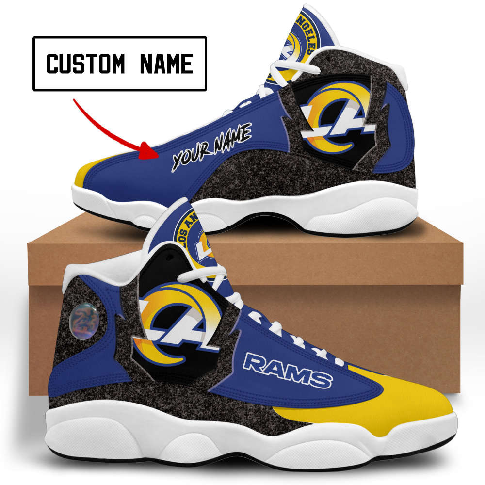 NFL Los Angeles Rams Custom Name Blue Yellow Grey Air Jordan 13 Shoes, Best Gift For Men And Women