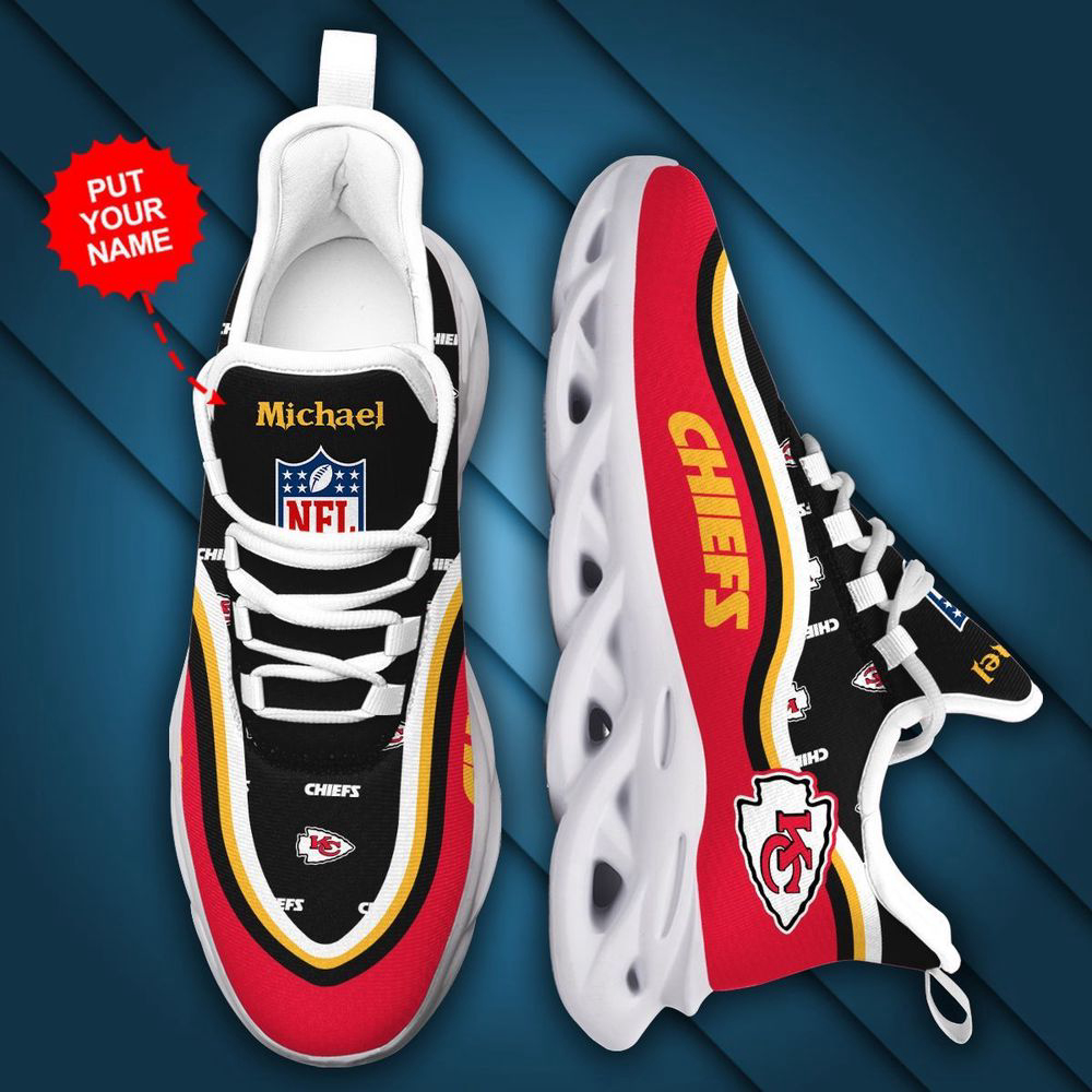 Kansas City Chiefs Logo Pattern Custom Name 3D Max Soul Sneaker Shoes In Black And Red  Personalized Shoes For Men