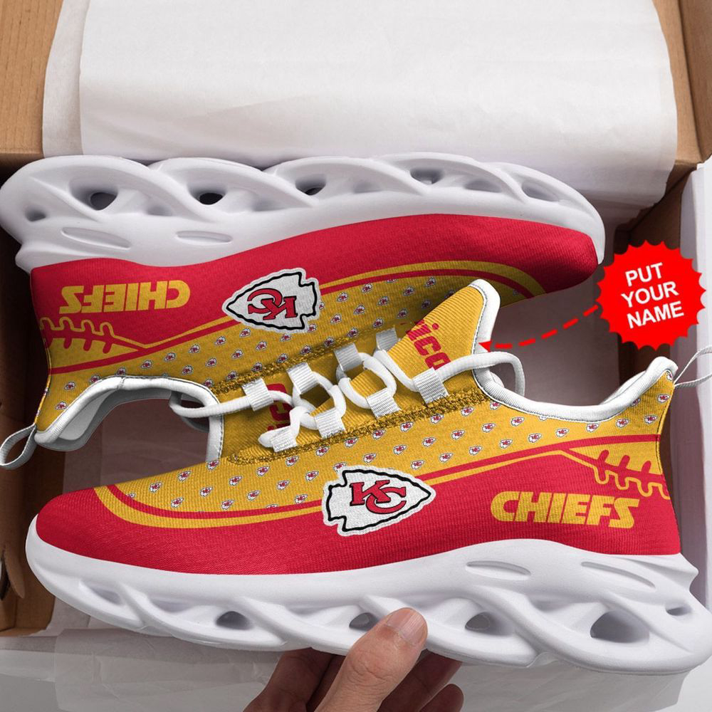 Kansas City Chiefs Pattern In Red And Yellow Custom Name 3D Max Soul Sneaker Shoes  Personalized Shoes For Men