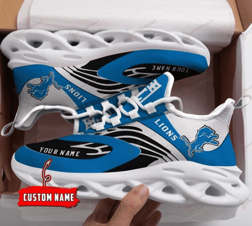 Detroit Lions Logo Custom Name Curved Line Pattern 3D Max Soul Sneaker Shoes  Personalized Shoes For Men Women