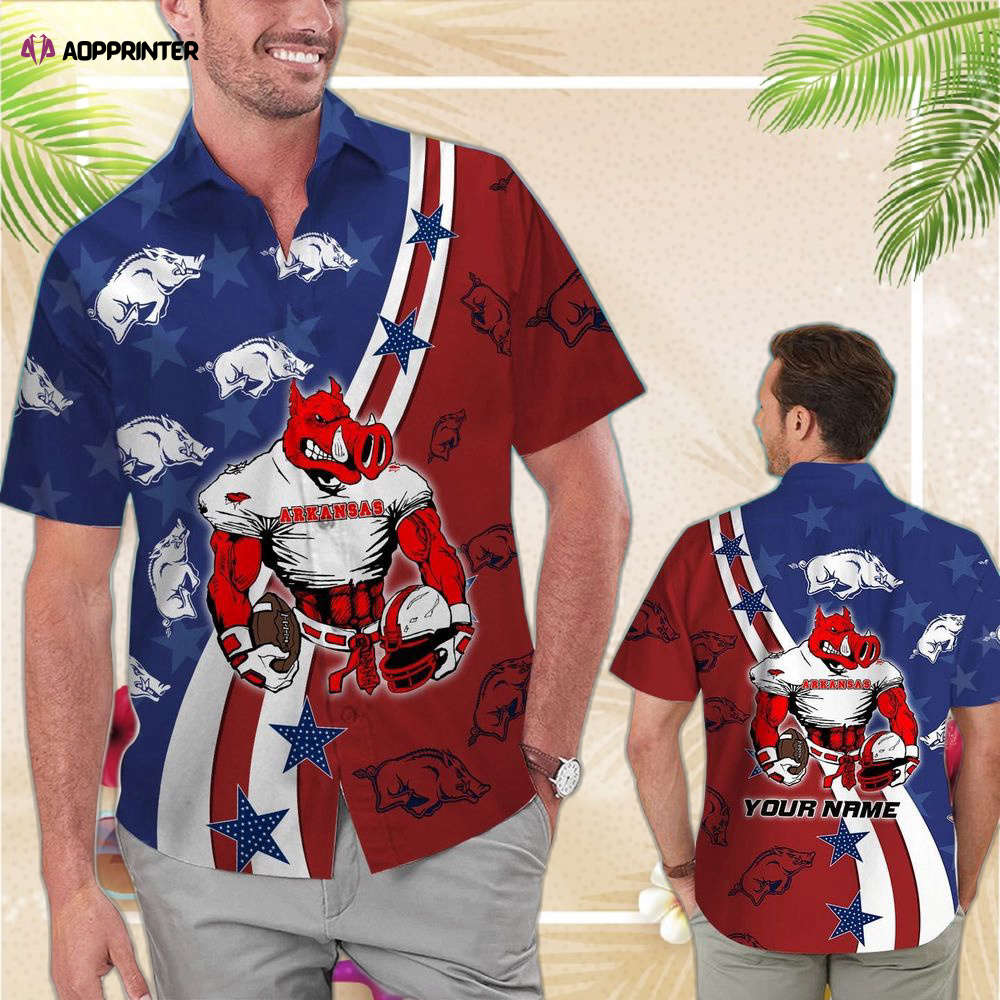 Arkansas Razorbacks American Flag Name Personalized Tropical Aloha Hawaiian Shirts