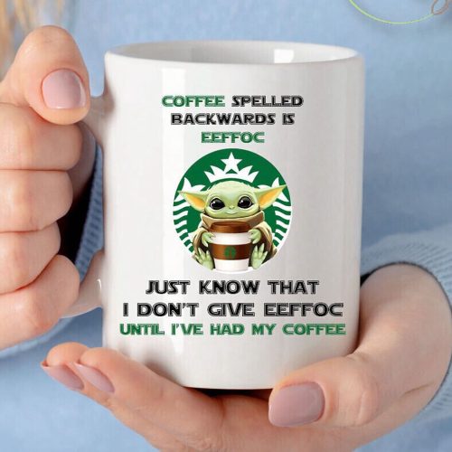 Baby Yoda Grogu Mug Spelled Backwards Is Eeffoc  White Coffee  Cup 11, 15oz