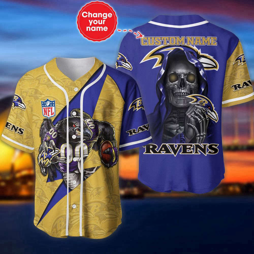 Baltimore Ravens Baseball Jersey Shirt Skull Custom Name, Gift For Men Women