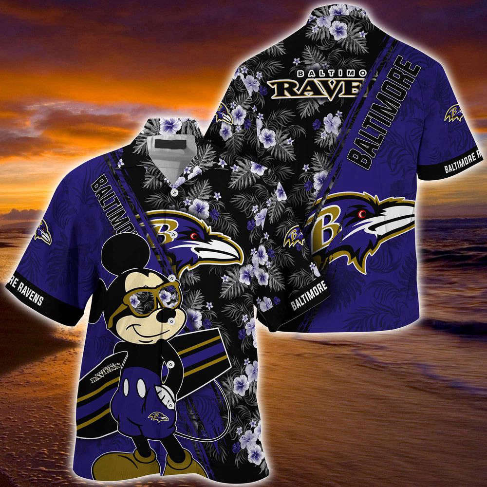 Baltimore Ravens NFL-Summer Hawaii Shirt Mickey And Floral Pattern For Sports Fans