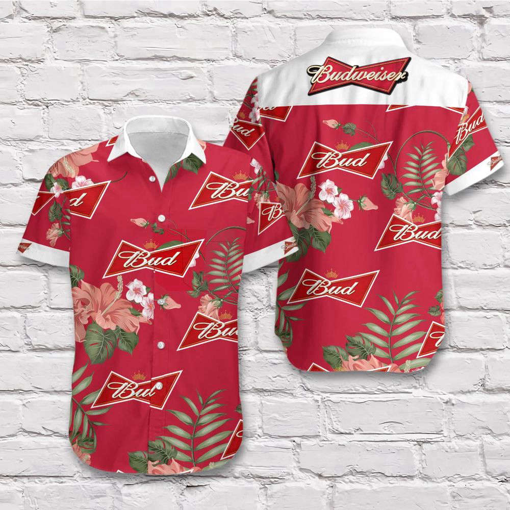 Beer Hawaii Shirt Budweiser Logo Tropical Hibiscus Flower Red Hawaiian Aloha Shirt