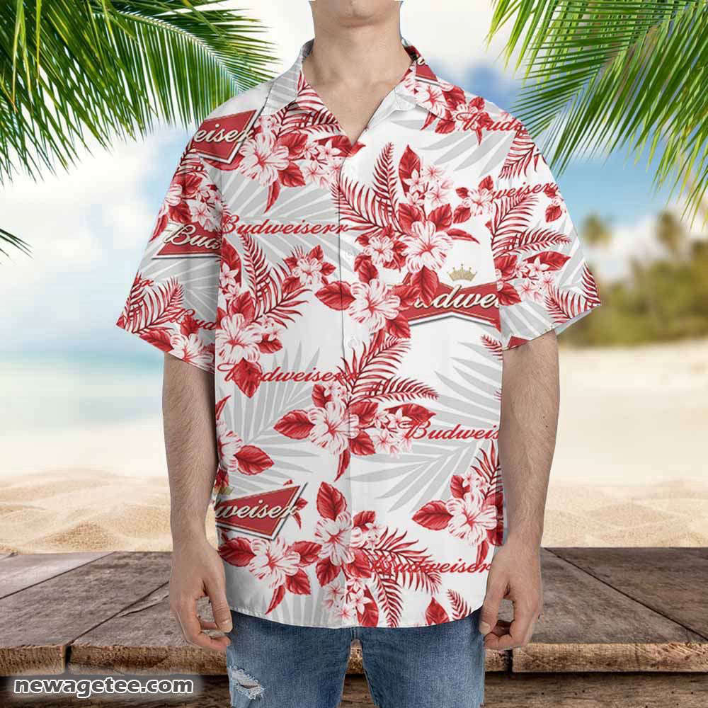 Budweiser Hawaiian Button Up Shirt Hibiscus Floral For Men Women