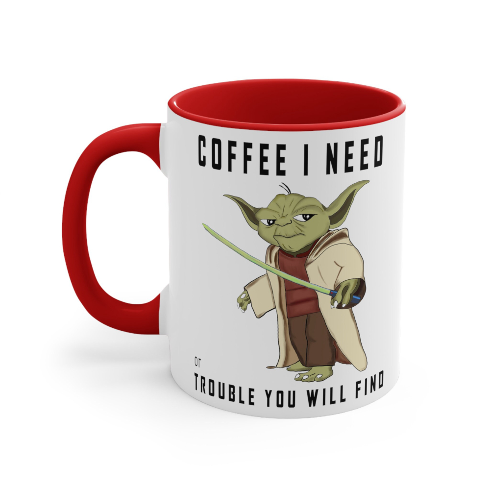 Coffee I Need Trouble you will find Coffee Mug, Cute Yoda Cartoon Mug, Yoda Cup For Bday, For Star Wars Fan
