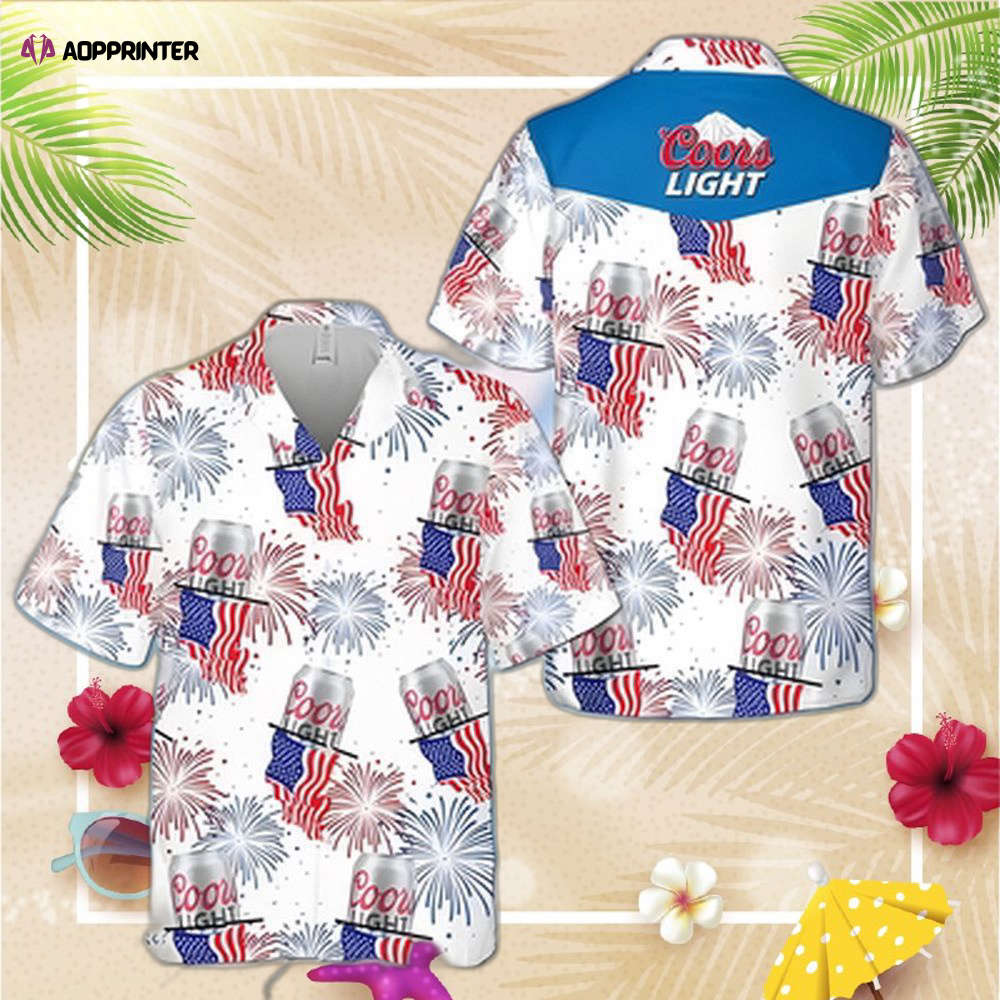 Coors Light Beer Hawaiian Shirt American Flag Fireworks Independence Day