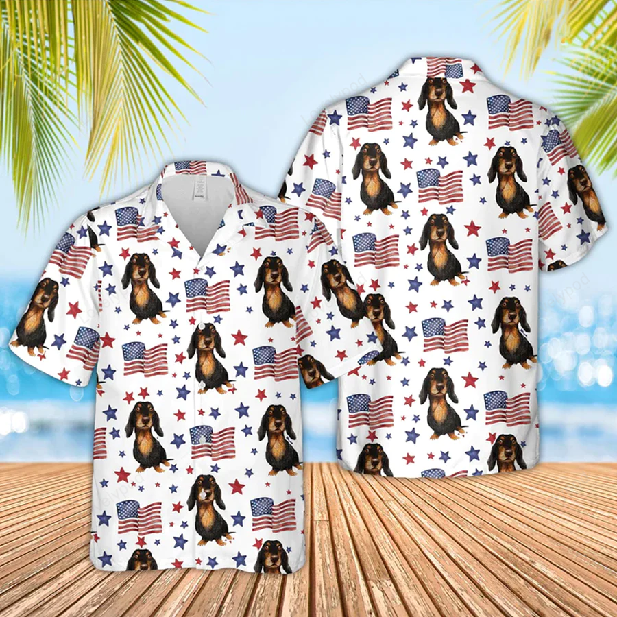 Dachshund American Flag Pattern Hawaiian Shirt, Funny Cow Hawaiian Shirt, For Men Women