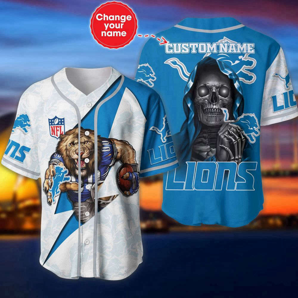 Detroit Lions Baseball Jersey Shirt Skull Custom Name, Gift For Men Women