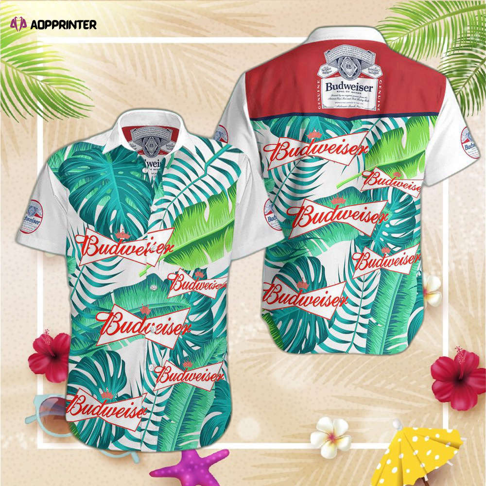 F89 Beer Hawaii Shirt For Men Women Budweiser Logo Tropical Palm Leave Green Hawaiian Aloha Shirt