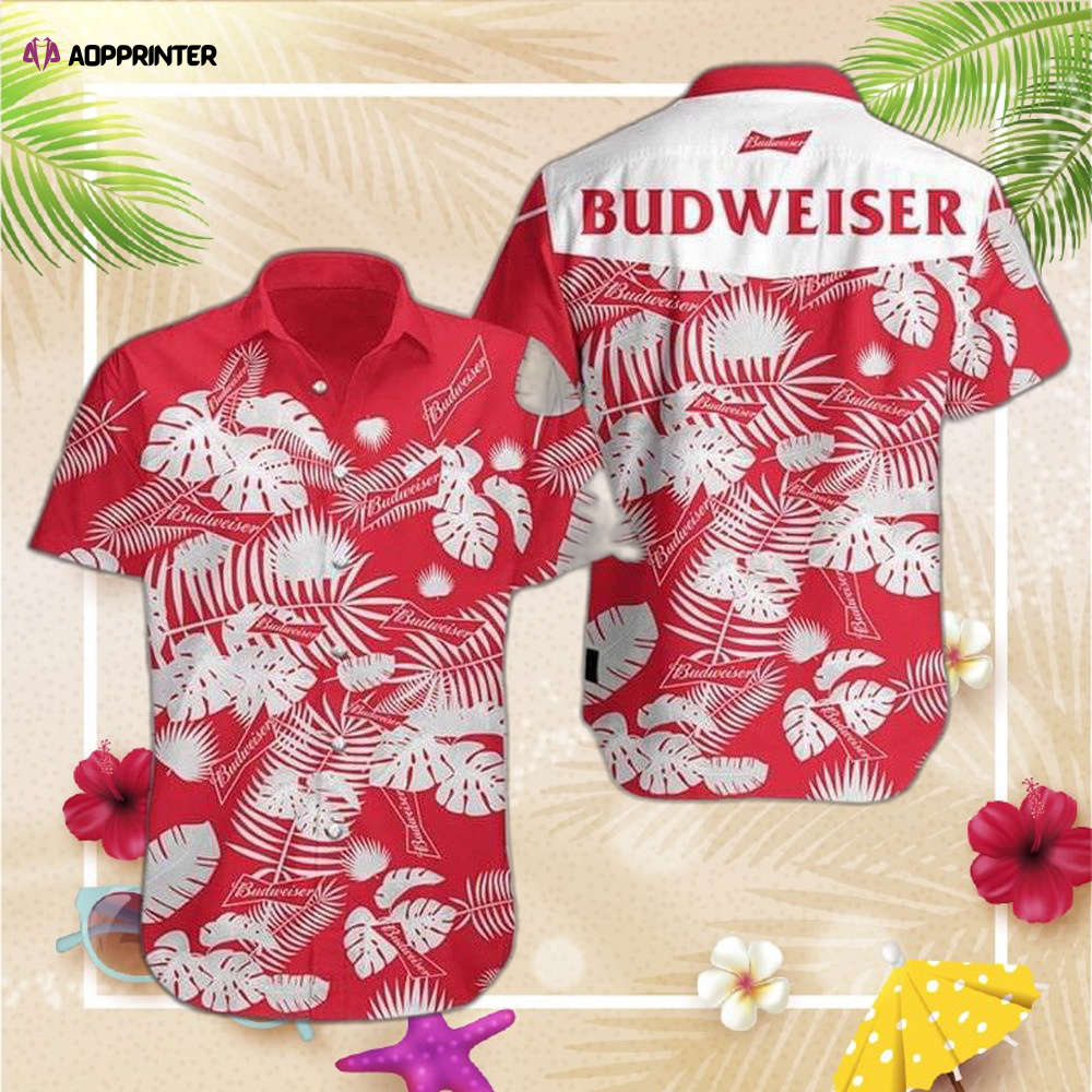 F89 Beer Hawaiian Shirt For Men Women Budweiser Logo Tropical Red White Hawaiian Aloha Shirt 2023