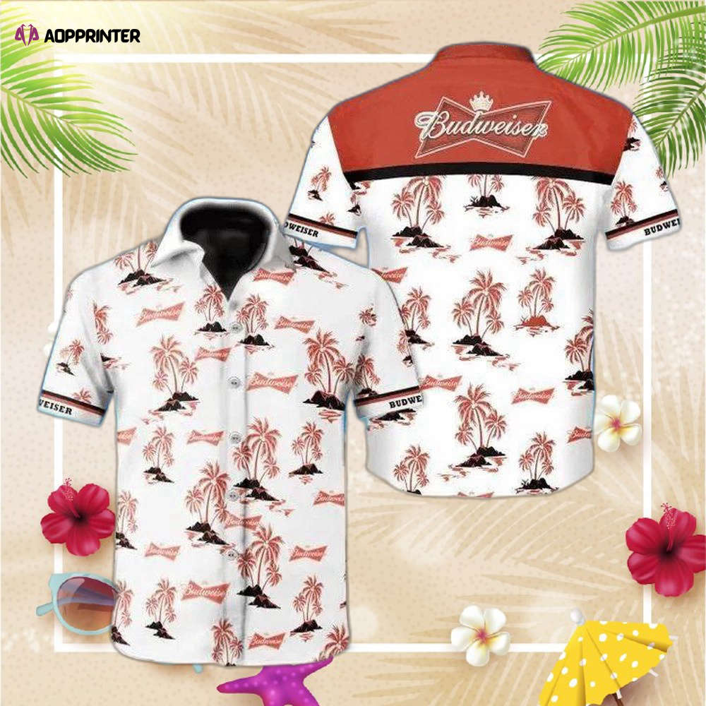 [Fashionable] Beer Hawaiian Shirt For Men Women Budweiser Logo Tropical Palm Trees Pattern Red White