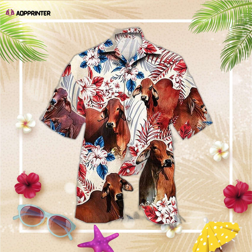 Floral Tropical Red Cow American Flag Hawaiian Shirt, Gift For Men And Women