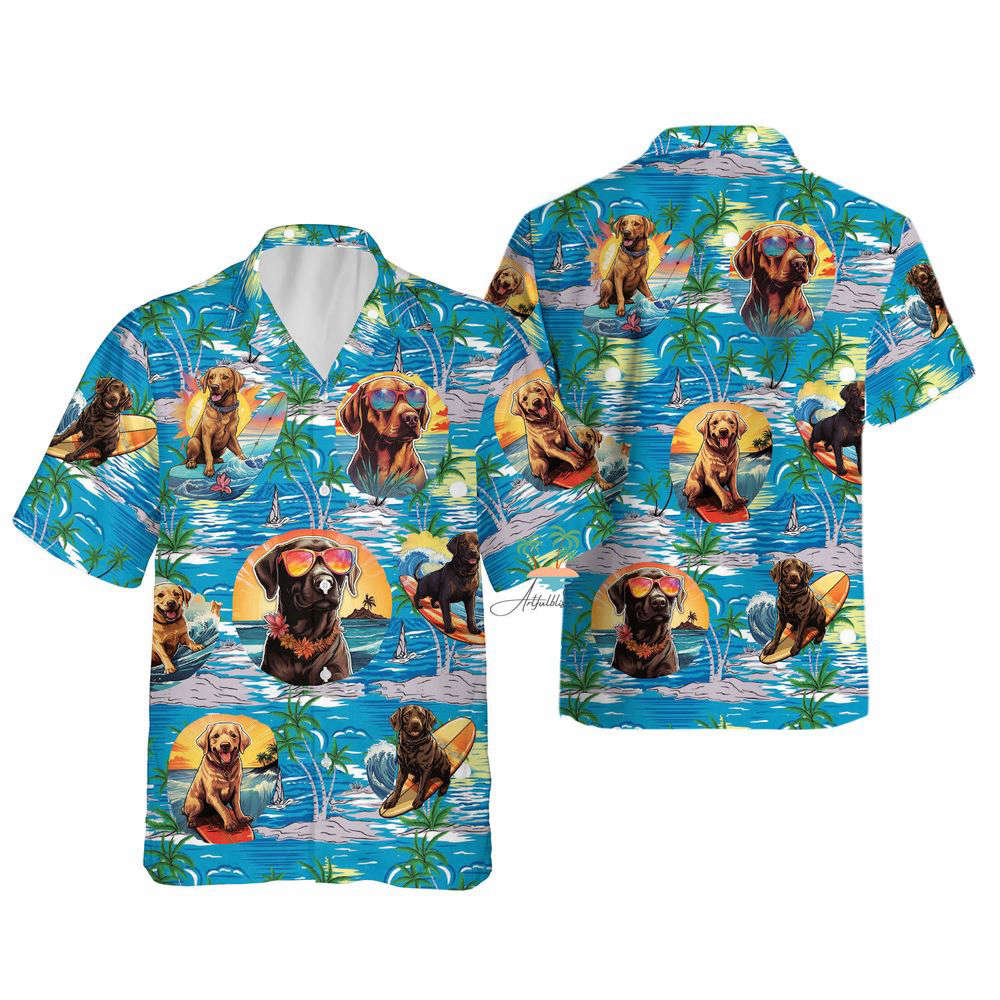 Funny Labrador Teal Hawaiian Shirt, Gift For Men And Women, Surfing Dog Aloha Button Up Shirts